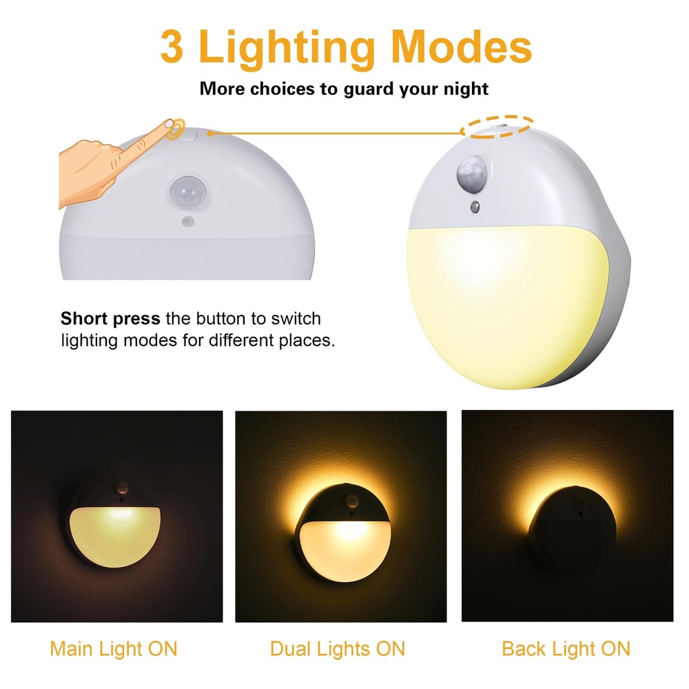 2 Pack Motion Sensor Night Light Gold Yellow 3 Lighting Modes Stepless Dimmin...