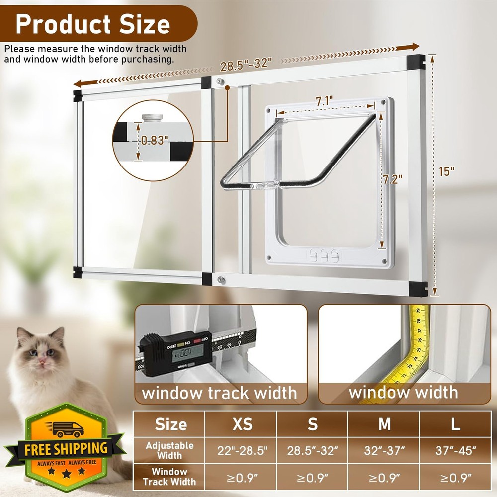 Full Glass Cat Door Window Insert, 28.5"-32", 4 Locking Modes