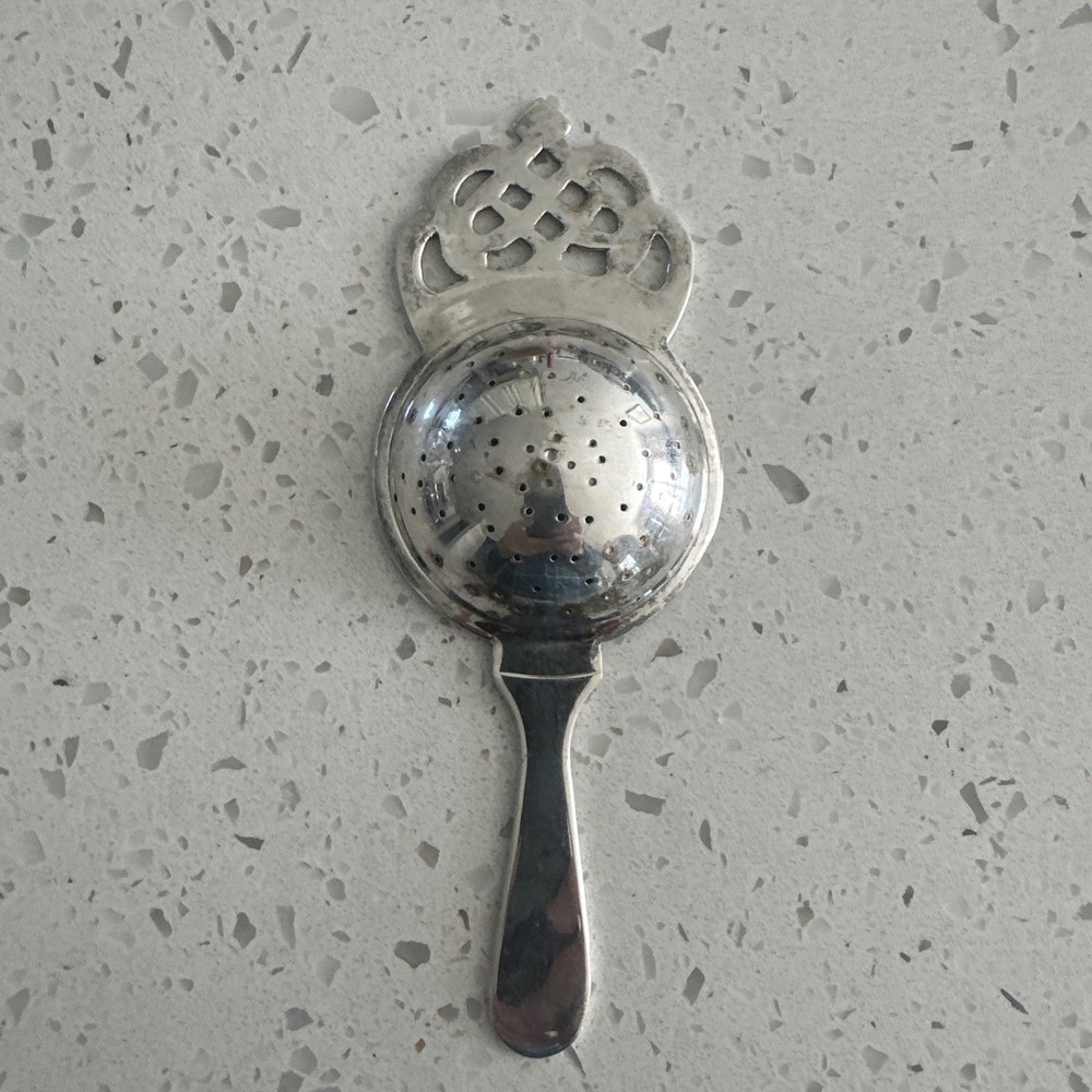 Antique Silver Plated Tea Strainer With Handle - Crown Design 6”
