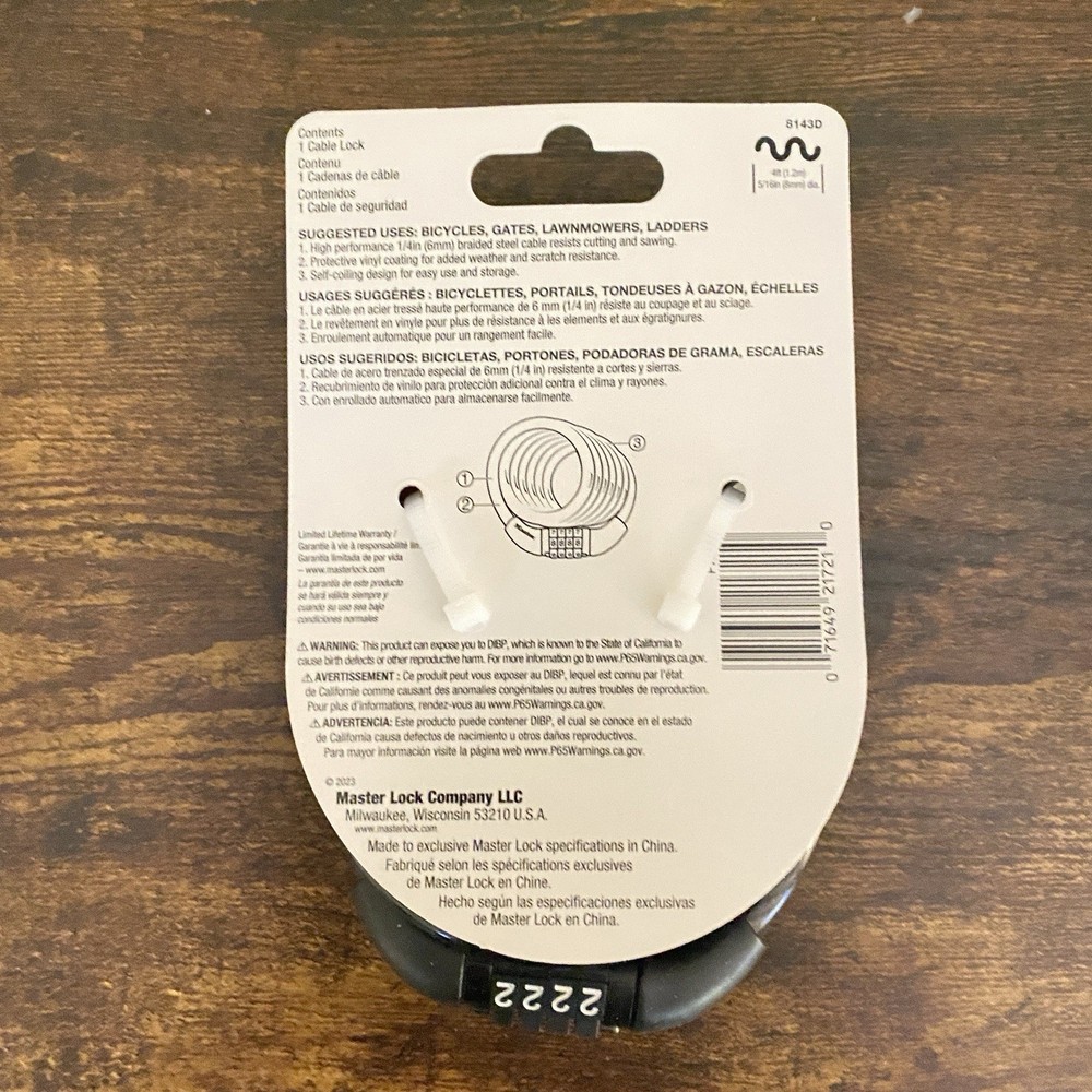 Master Lock 8143D 4ft Preset Combination Cable Lock. Model P72325