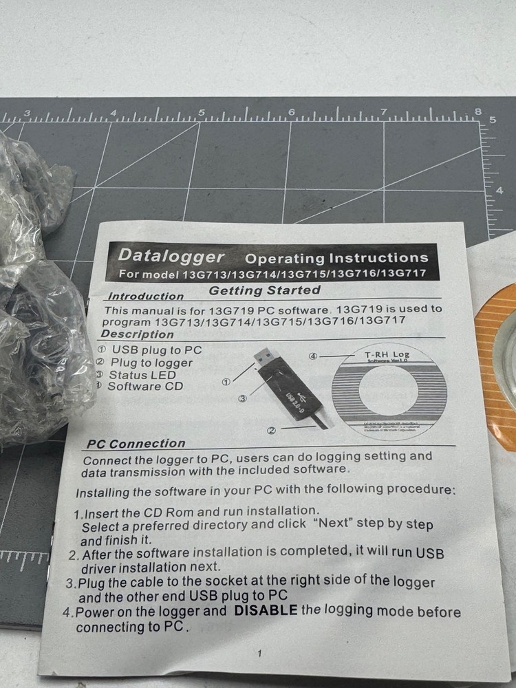 Data Logger 13G719 USB Temperature Humidity Datalogger Kit CD Cable Manual