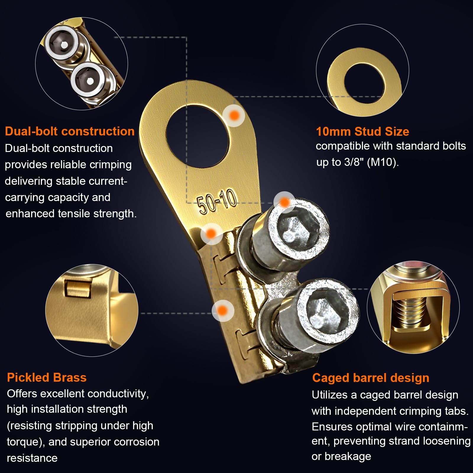 5Pcs 8-1/0AWG Heavy Duty Battery Lugs, Battery Cable Ends, Ring Terminals, Ba...