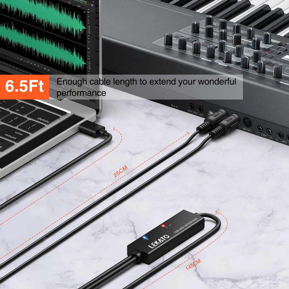 LEKATO 6.5Ft MIDI Cable MIDI to USB C Cable Type-C MIDI Input & Output Interface