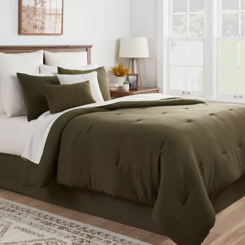 12pc King Micro Texture Comforter & Sheet Bedding Set Dark Green -