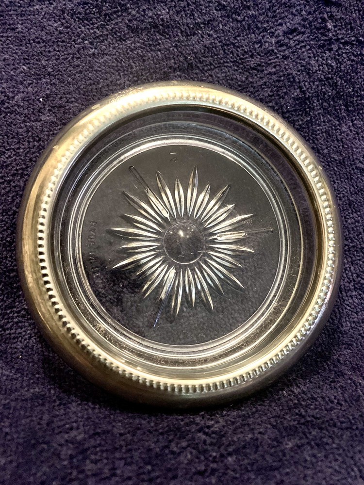 Vintage Leonard Leaded Glass & Silverplated Coasters Starburst Pattern ~4~