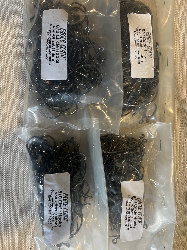 100 pack Eagle Claw 8/0 Non Offset In Line Circle Hooks Eag L2002-8/0 HTF Discon