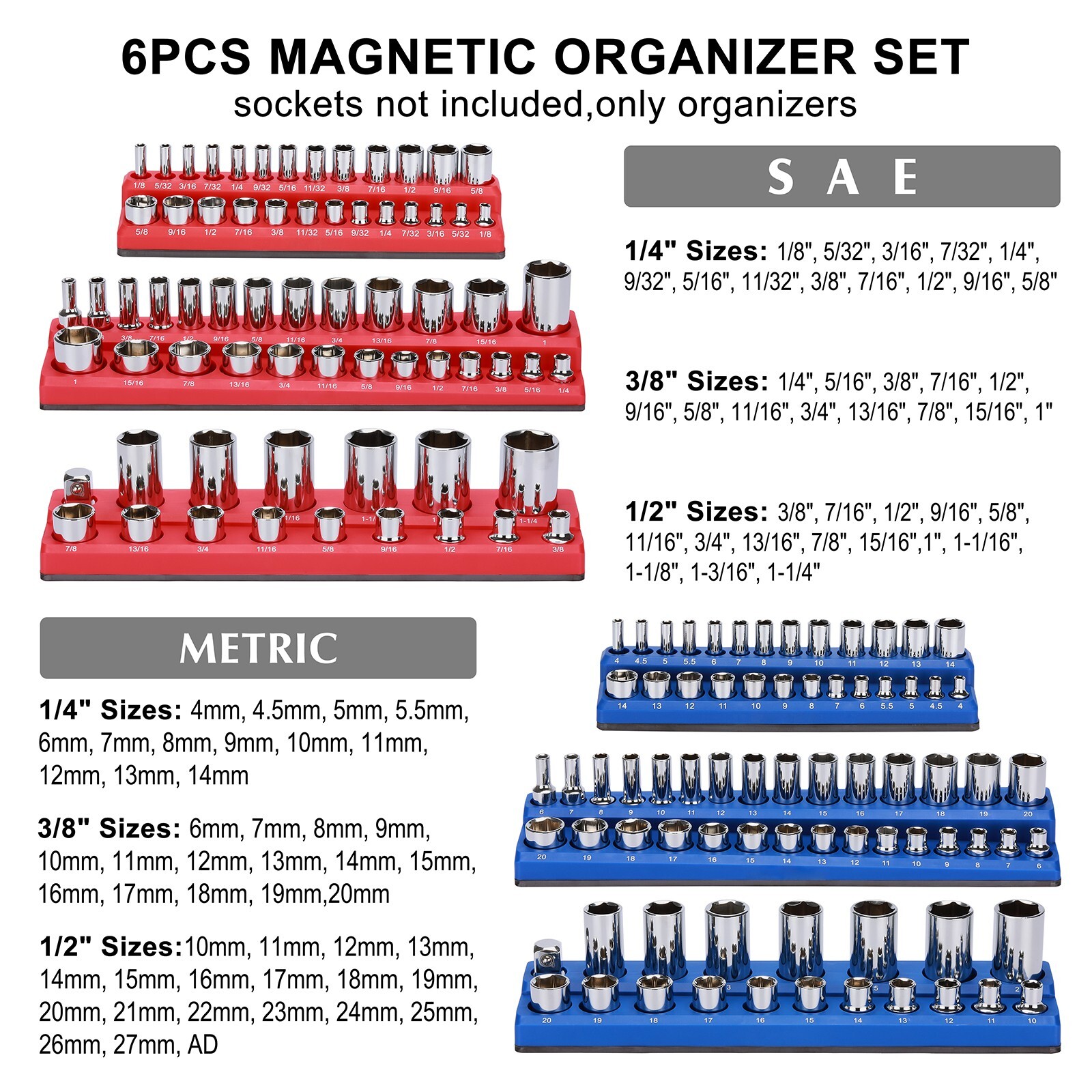 6PCS Magnetic Socket Organizer Holder, 1/4", 3/8", 1/2"Dr. 143 Slots SAE&Metric