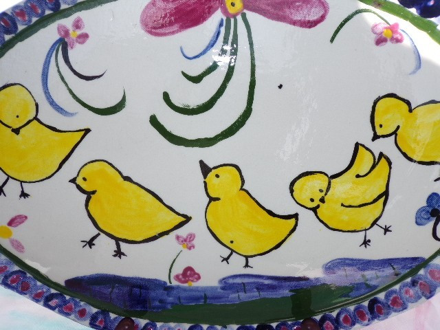 Studio Art Pottery Easter Yellow Chicks Appetizer Oval Plate Signed KINGA 15"