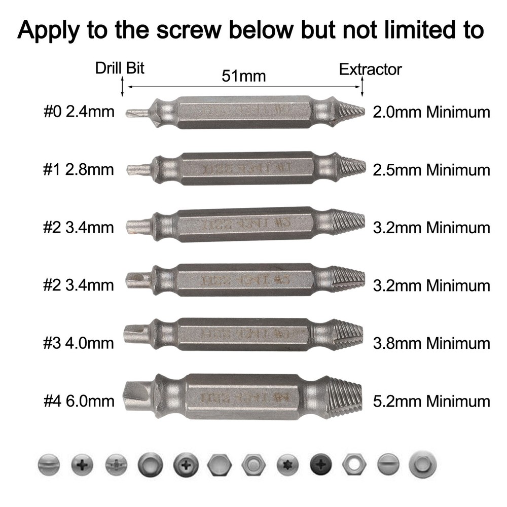 6x Damaged Screws Extractor Drill Bits Tool Set Broken Bolt Remover Double-head