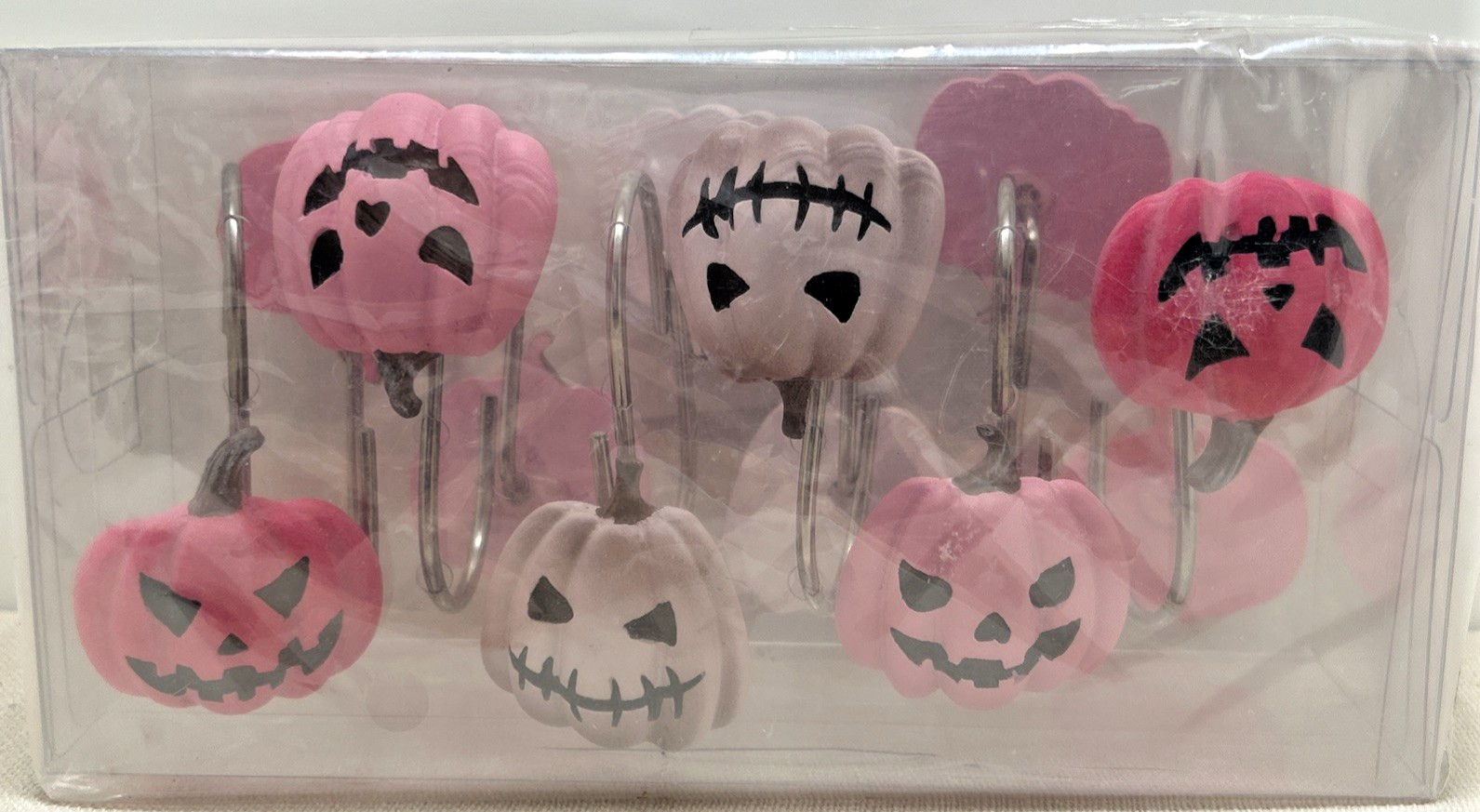 12 pc Spooky Halloween Pink Pumpkin Head Shower Curtain Hooks Hangers Rings NEW