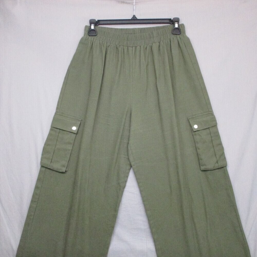 100% Cotton Cargo Pocket Baggy Loose Fit Wide Leg Pants Green Women Size | 6