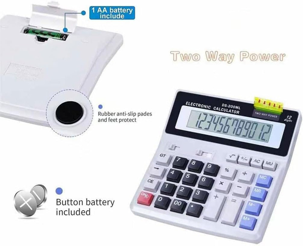 Desk Calculator Large 12 Digit Display, Dual Power Basic Calculator Desktop, Big