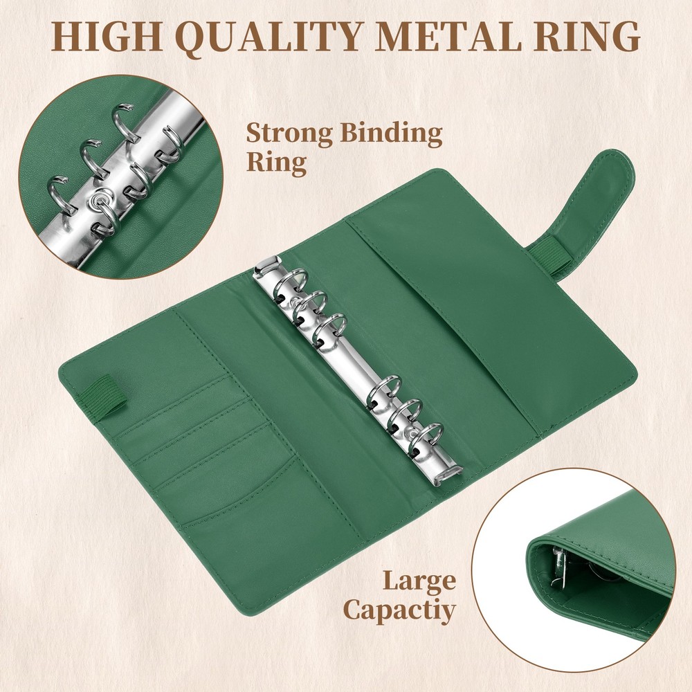 A6 PU Leather Binder Protector, 6 Ring Loose Leaf Notebook Shell, Green
