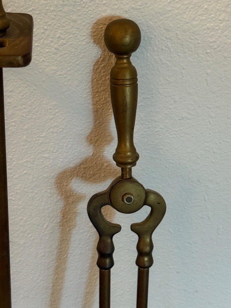 Vintage Brass/Cast Iron Heavy Solid 5-Piece Fireplace Tool & Stand Set