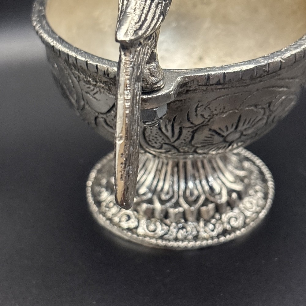 German Silver Bowl With Two Parrots Hand Crafted 3” Dia