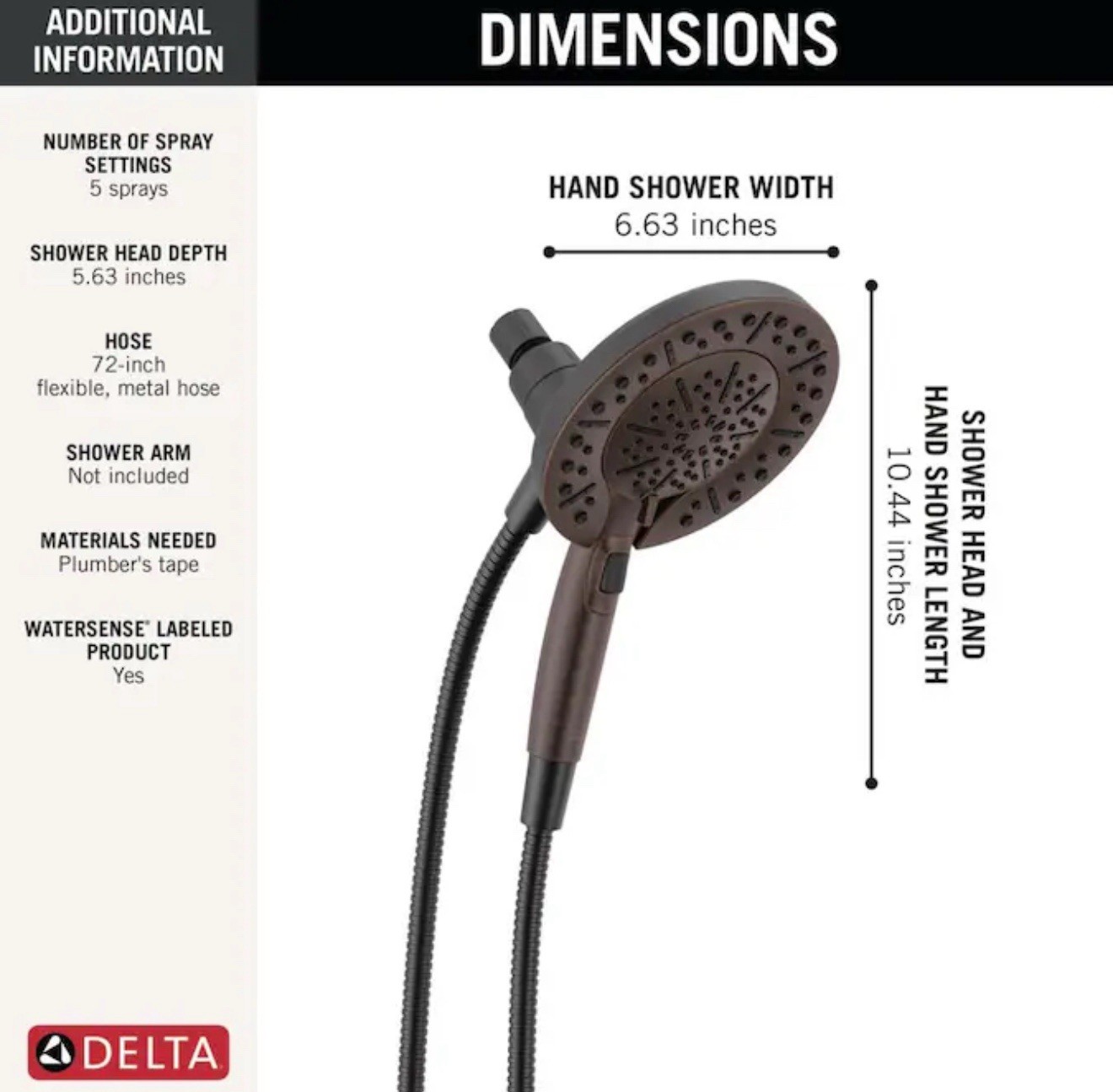 Delta In2ition 2 in 1 shower head. 5 Spray Settings. Venetian Bronze