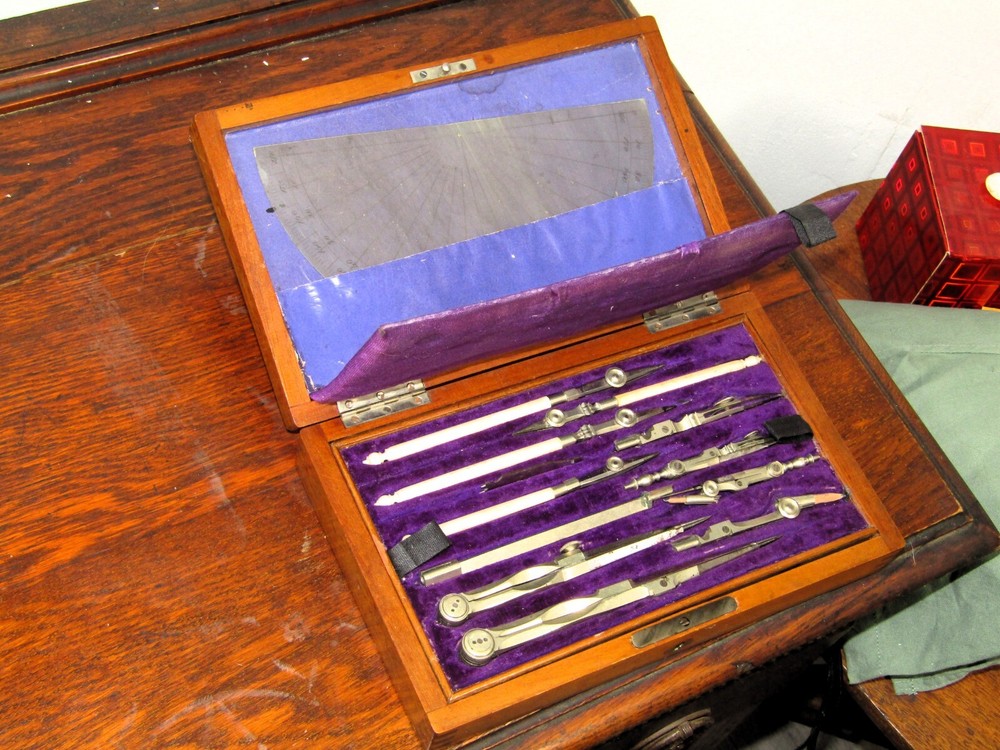 Antique Vintage Walnut Box Draftsman Drawing Set Geometry Technical Engineering