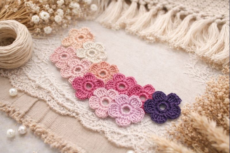 5 Small Crocheted Flowers, Textile Ephemera, Sewing Notion