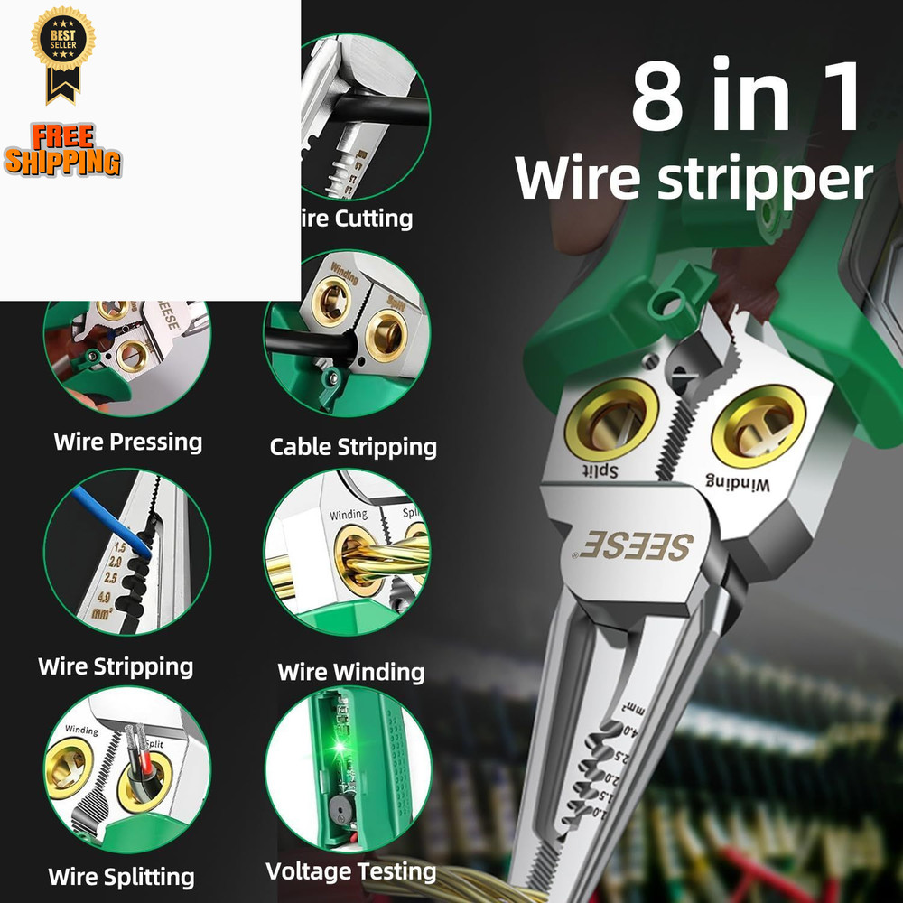 SEESE 8-in-1 Wire Stripper Pliers: Compact Portable Multi-Function Green