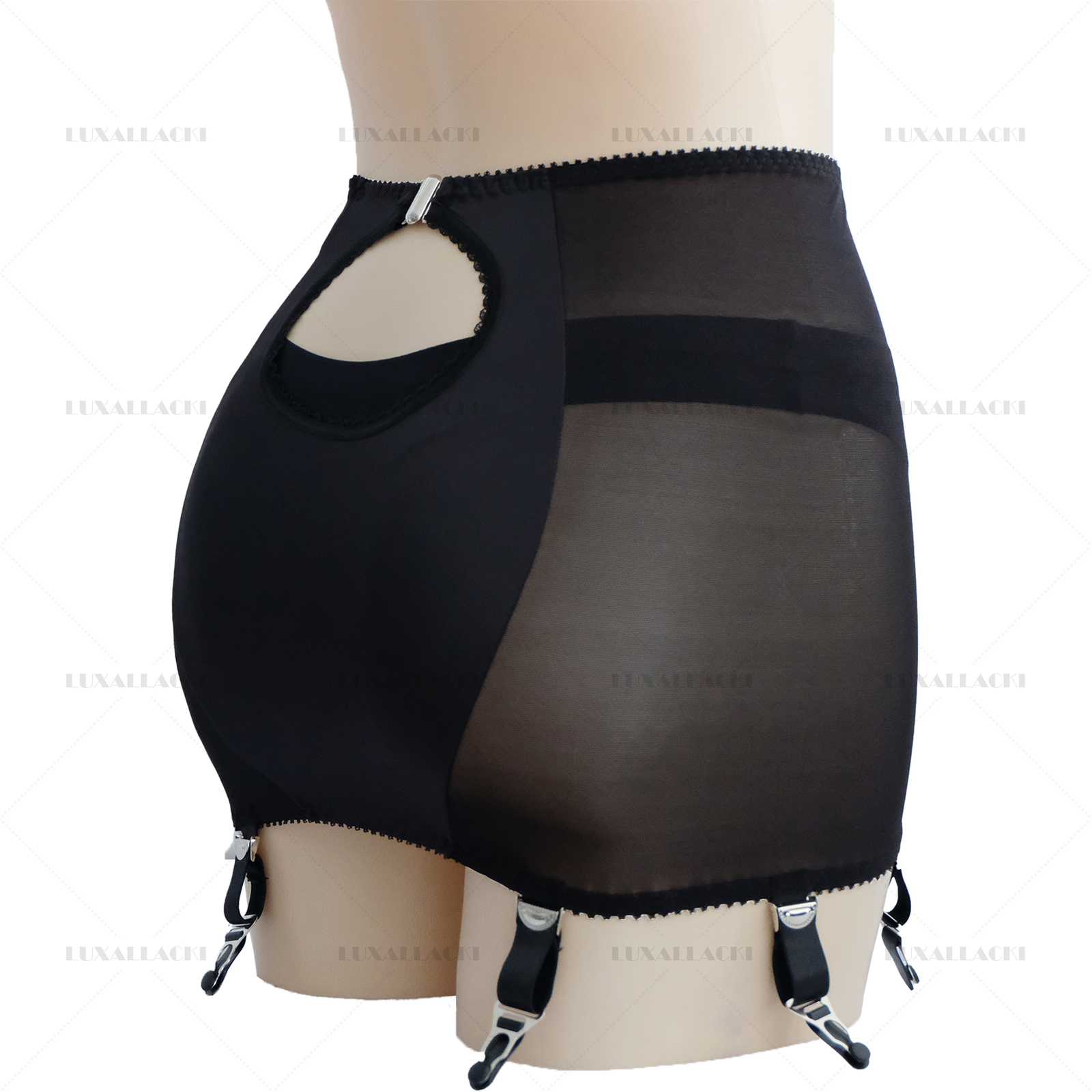 Luxallacki Back Hollow Sheer Garter Belt 6 Straps Suspender Metal Clips Girdle