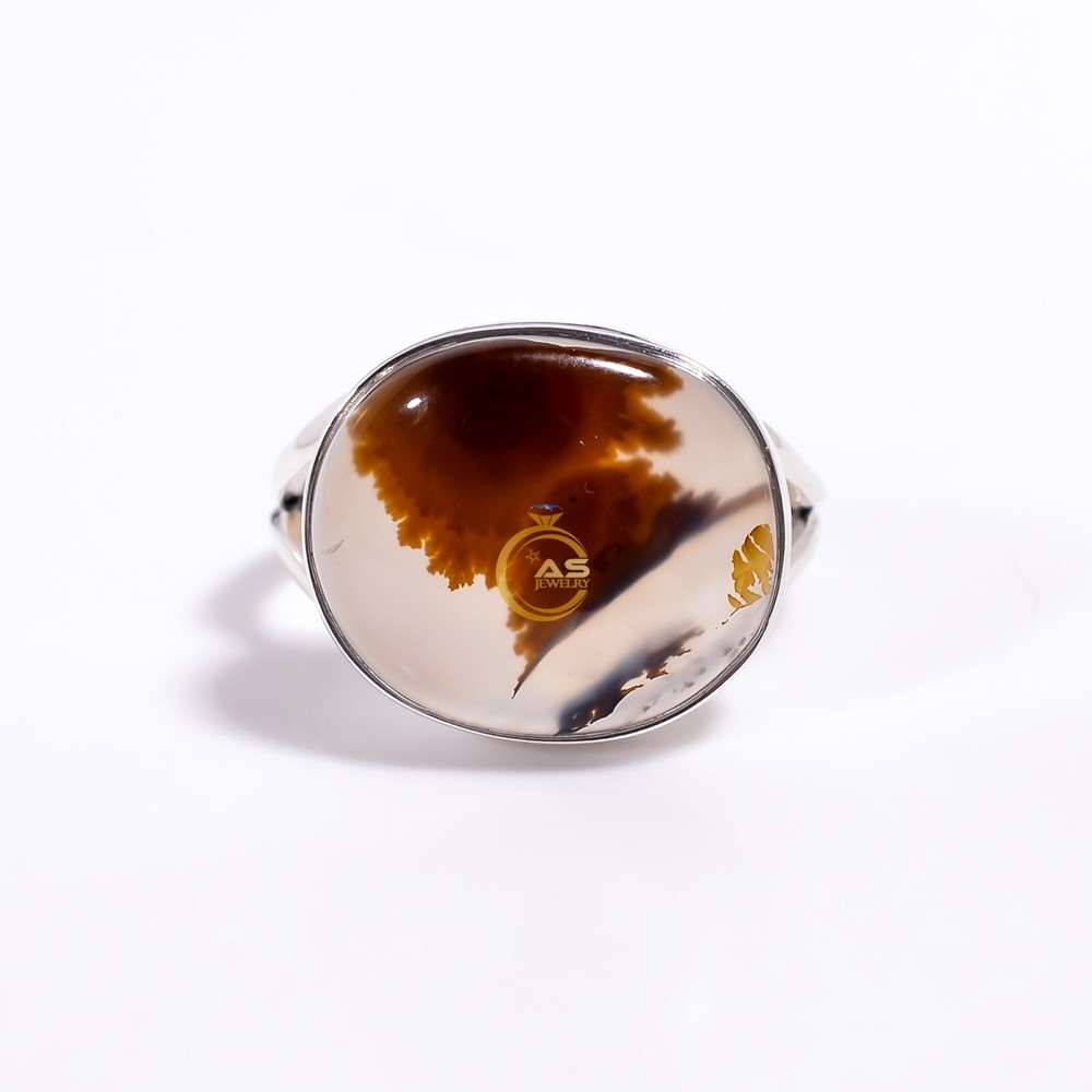 Dendritic Agate Gemstone Ring 925 Sterling Silver Handmade Statement Boho Rings