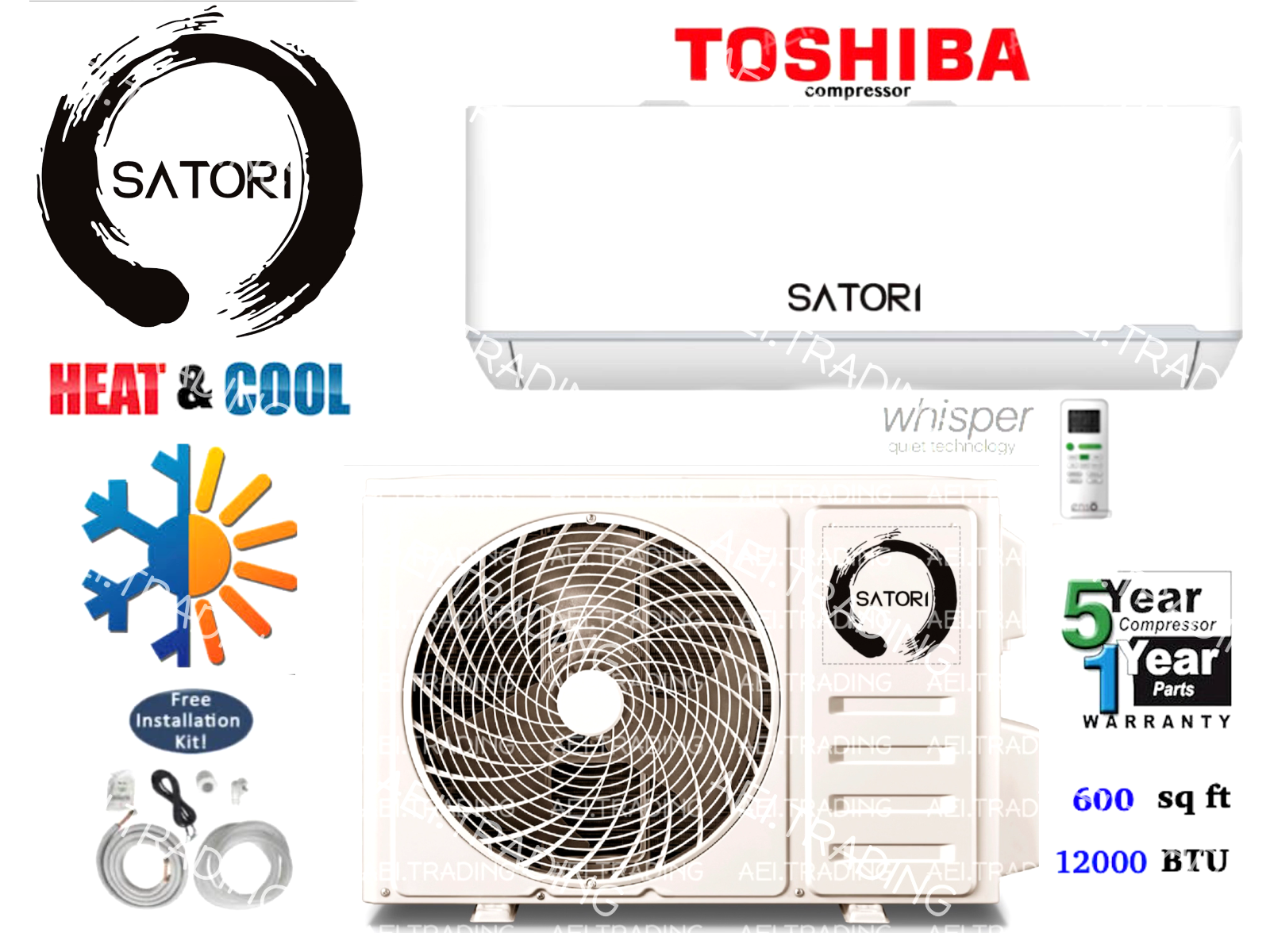 12000 BTU Heat Pump Mini Split 110V: 1 TON w/KIT 17 Seer2 W/Wifi