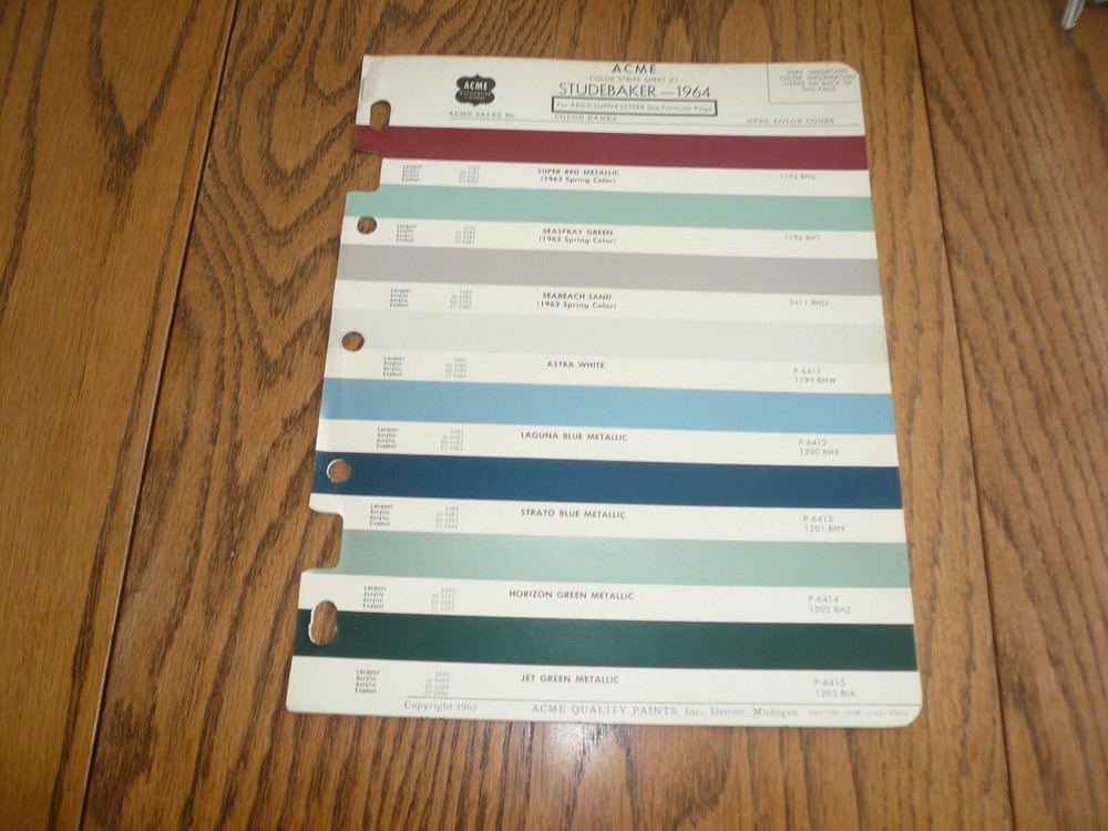 1964 ACME Studebaker Color Chip Paint Samples - Vintage