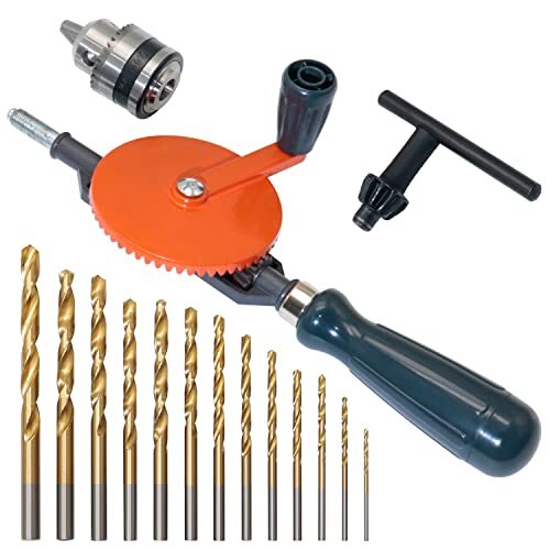 Powerful Speedy Hand Drill 1/4" Manual Drill with 13Pc Drill Bit Set Chuck & Key