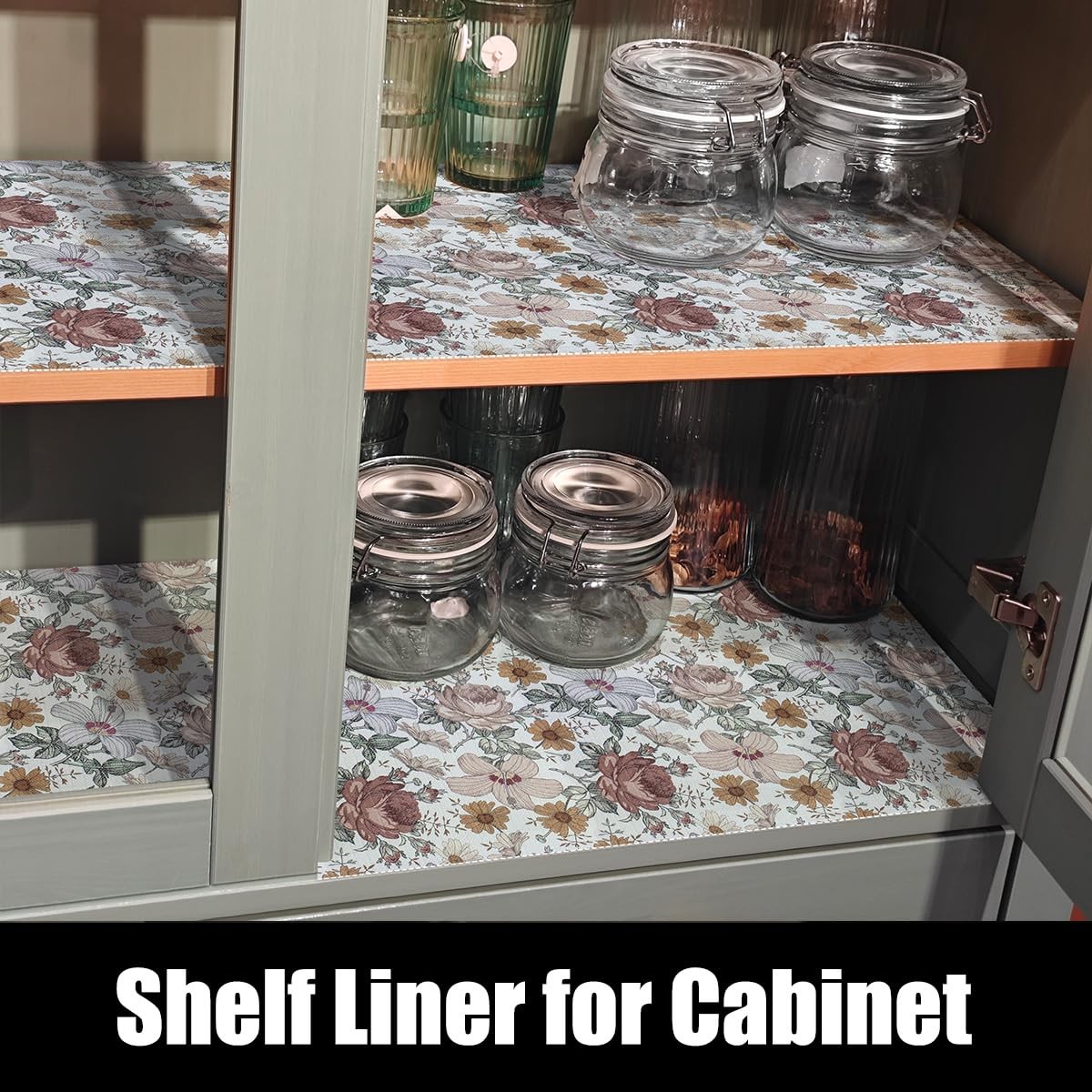 Floral Drawer Shelf Liners, Non Adhesive and Strong Non-Slip Cabinet Drawer S...