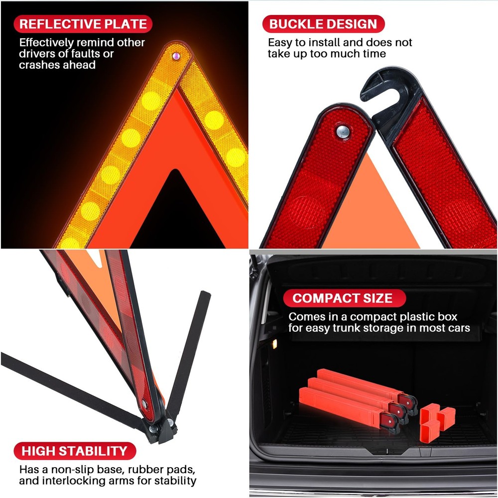 3 Pack Reflective Warning Triangles, Foldable Roadside Emergency Safety