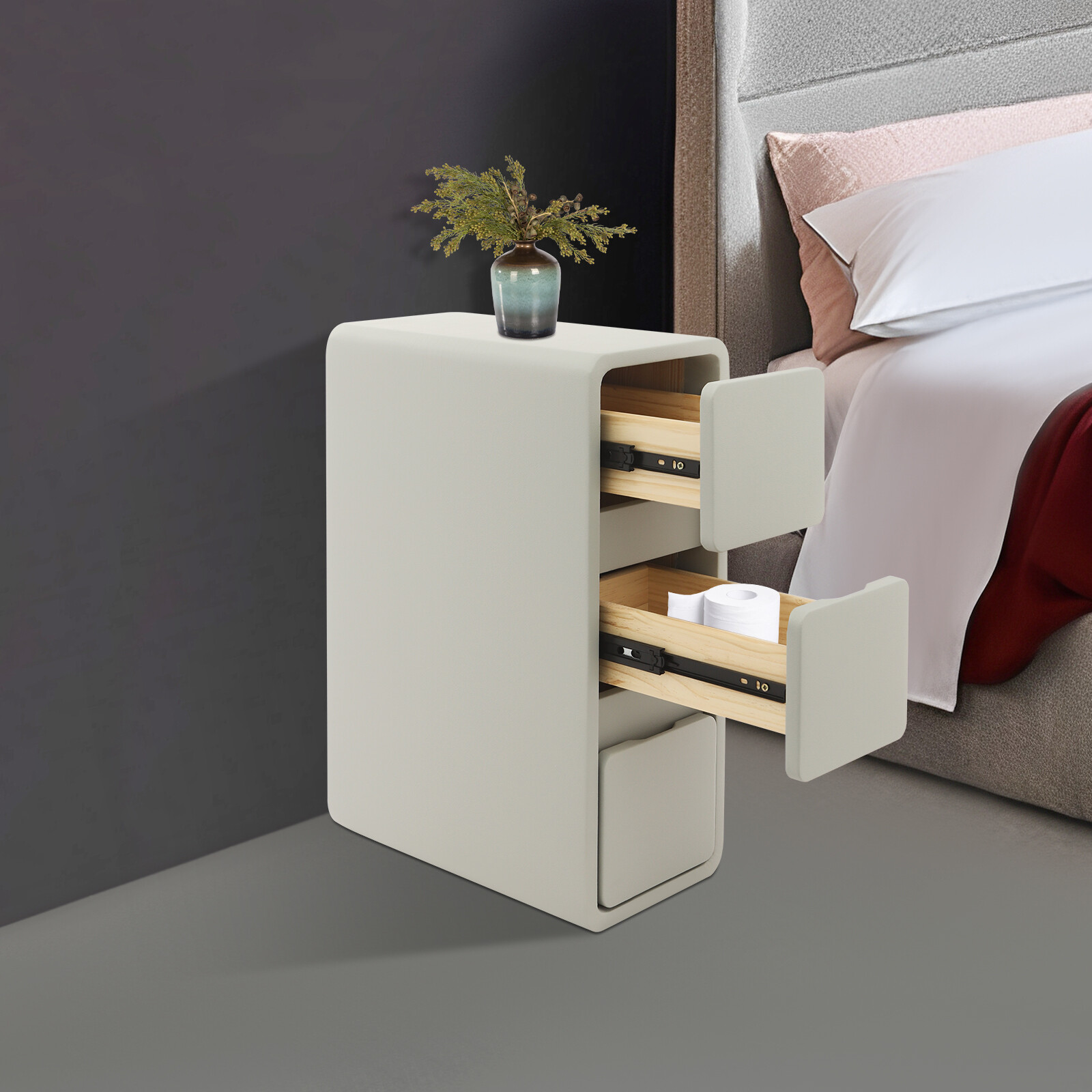 Solid Wood Bedside Table With Drawers, 3 Tiers Small Narrow Nightstand Bedroom