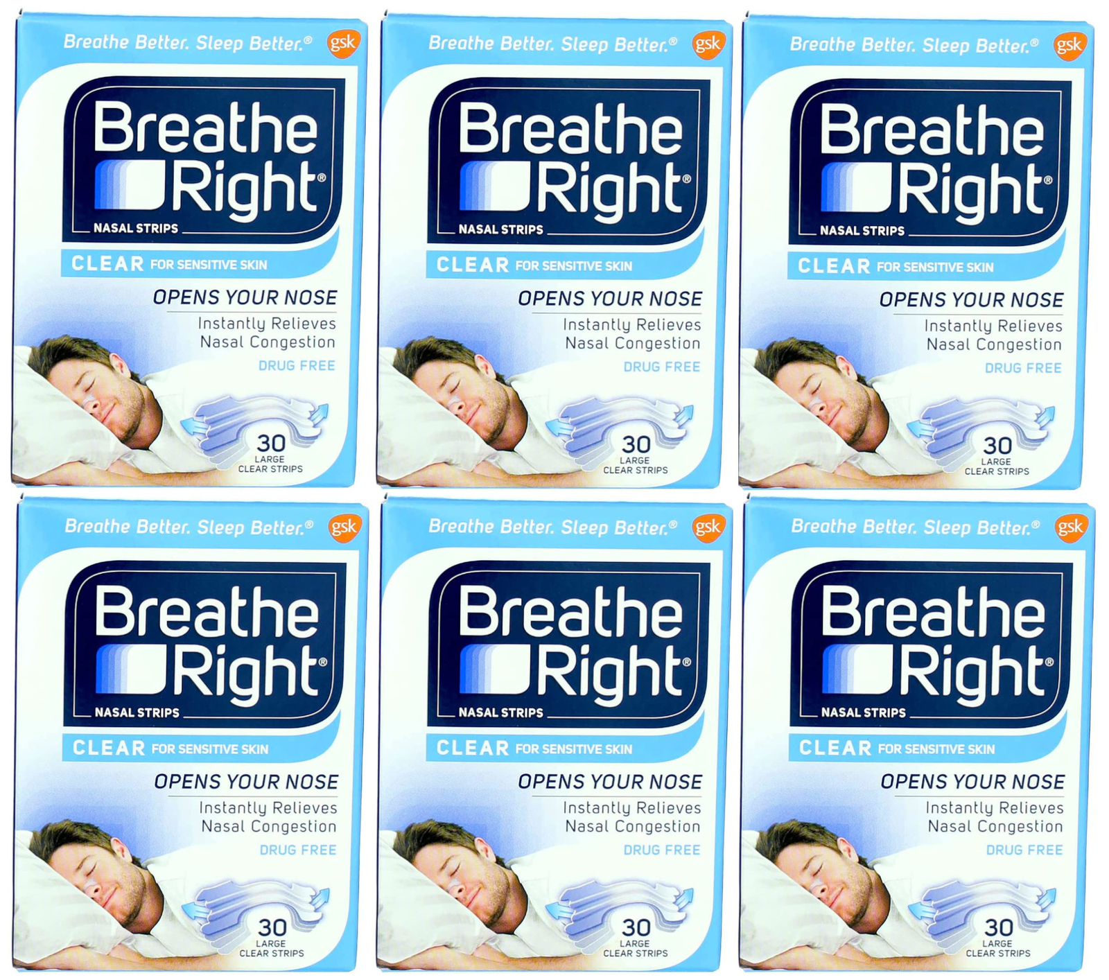 BREATHE RIGHT Original Clear Nasal Strips Sensitive Skin 30EA (Pack of 6)