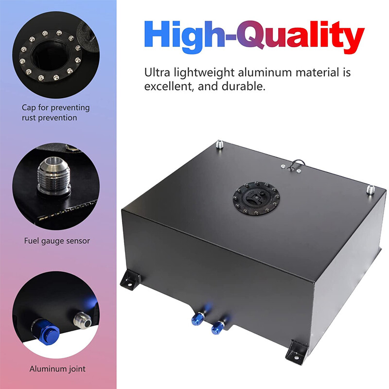 20 GALLON BLACK ALUMINUM FUEL CELL GAS TANK+CAP+LEVEL SENDER+STEEL FUEL LINE KIT