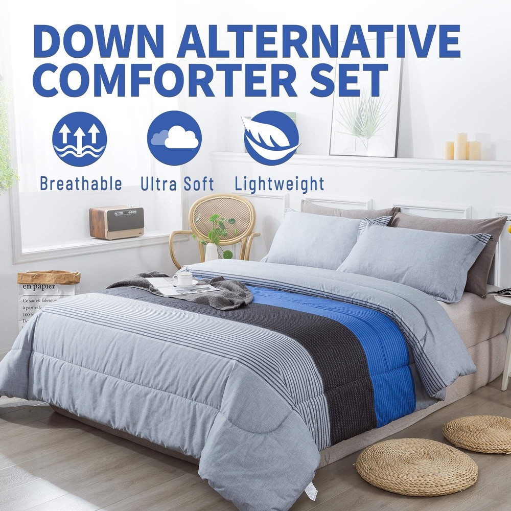 Andency Stripe Blue Comforter Set King Size, 3 Pieces Gray and Blue Patchwork...