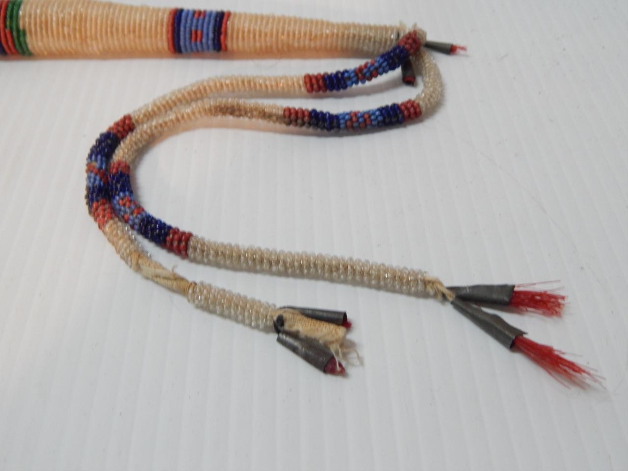 c.1870-90s PLAINS BEADED lAKOTA INDIAN AWL CASE w/ RED HORSEHAIR TIN CONES