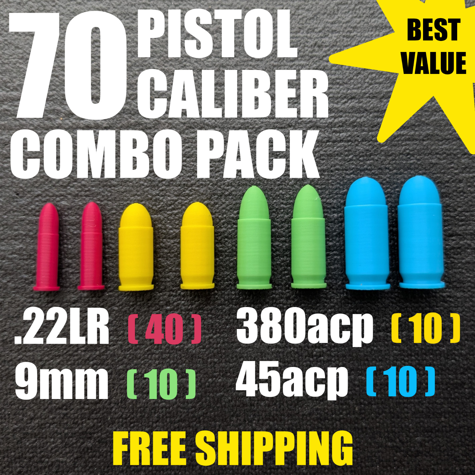Pistol Caliber Variety 70pack 22LR 380acp 9mm 45acp Snap Cap Dry Fire Rounds USA