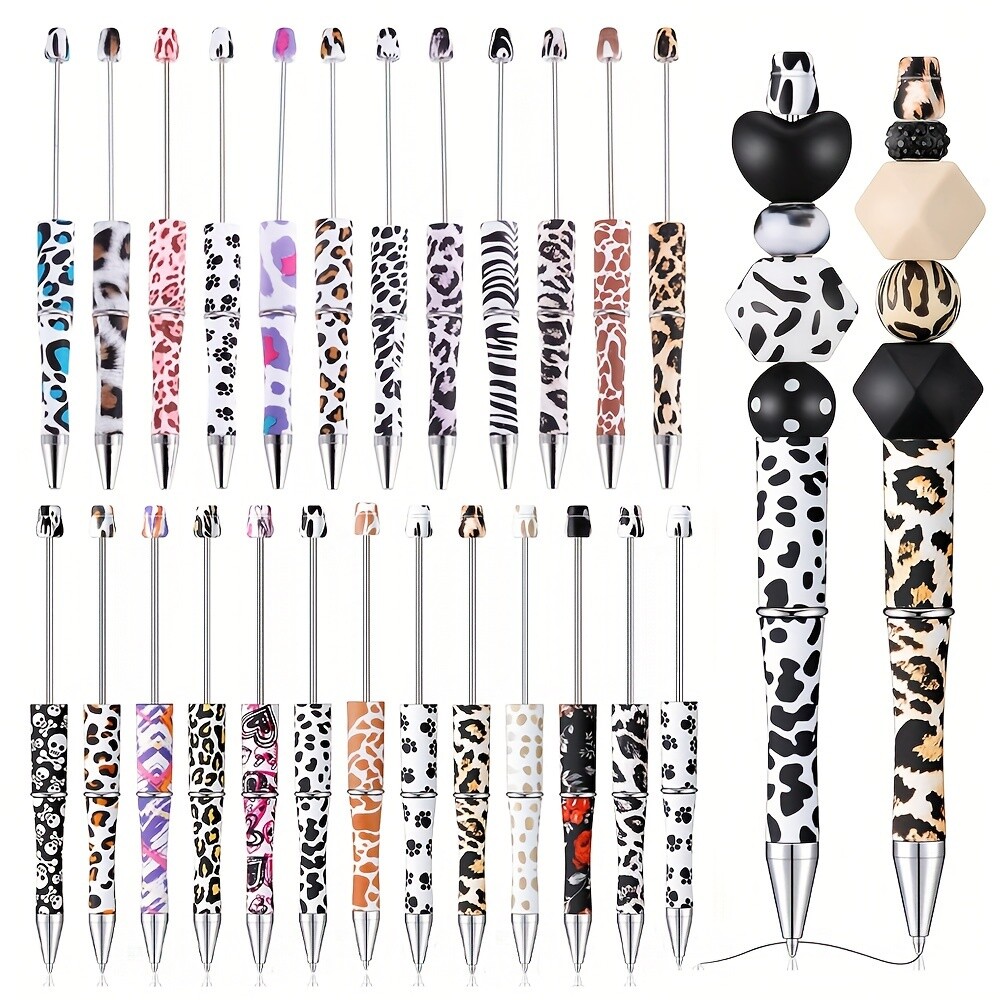 25pcs Leopard Zebra Pattern Beaded Ballpoint Pens Creative Diy Crafts