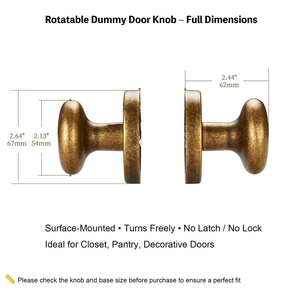 Rotating Dummy Door Knob Set – 2 Pack Antique Brass Round Decorative Knobs