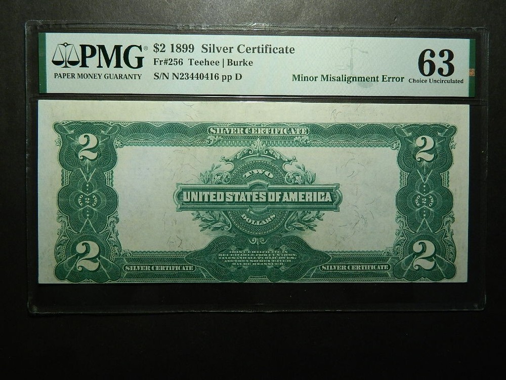 FR-256 1899 $2.00 SILVER CERTIFICATE PMG 63, Minor Misalignment Error