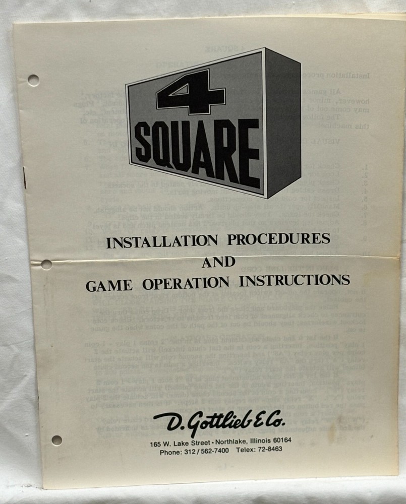 ORIGINAL-GOTTLIEB-4 SQUARE-INSTALLATION PROCEDURES AND OPERATION INSTRUCTIONS