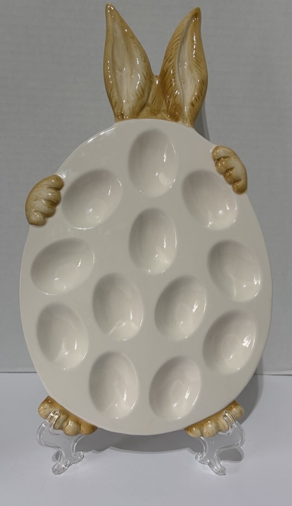 Pier 1 Imports Bunny Rabbit Easter Deviled Egg Serving Tray Platter White Brown