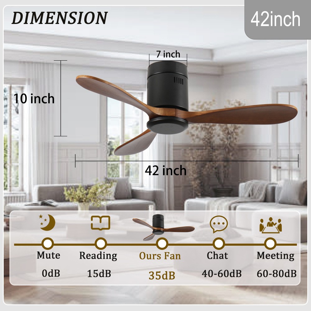 Flush Mount Ceiling Without Light Solid Wood Blades Reversible Quiet DC Motor