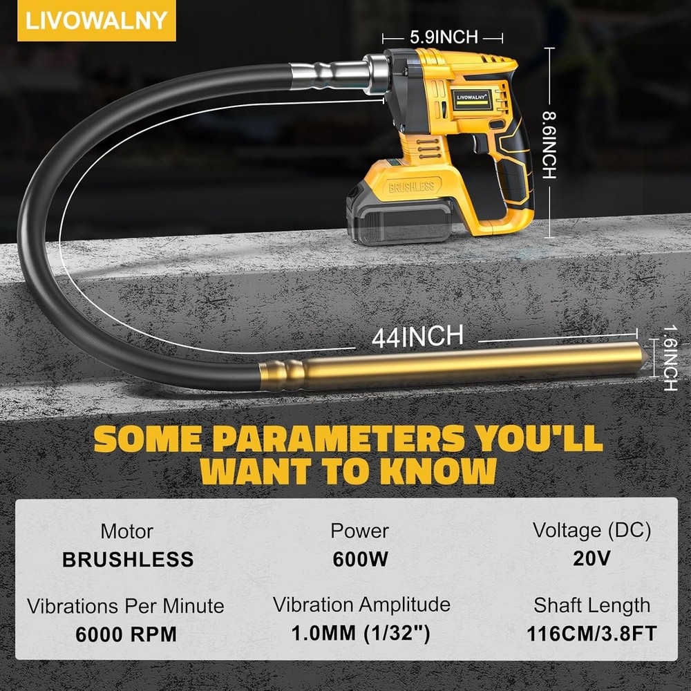 Handheld Concrete Vibrating Tool Compatible with Dewalt 20V Battery (No Battery)