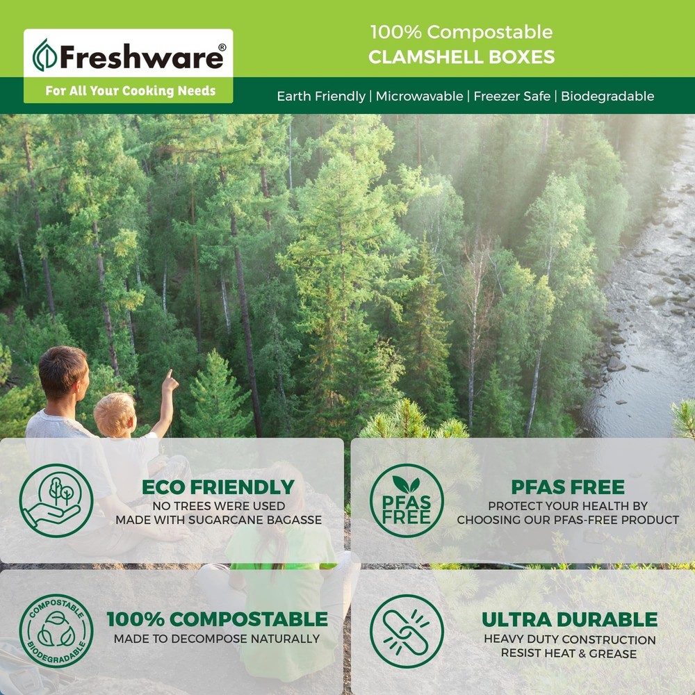 Freshware Compostable Clamshell Food Containers [6x6" 50-Pack], Biodegradable...