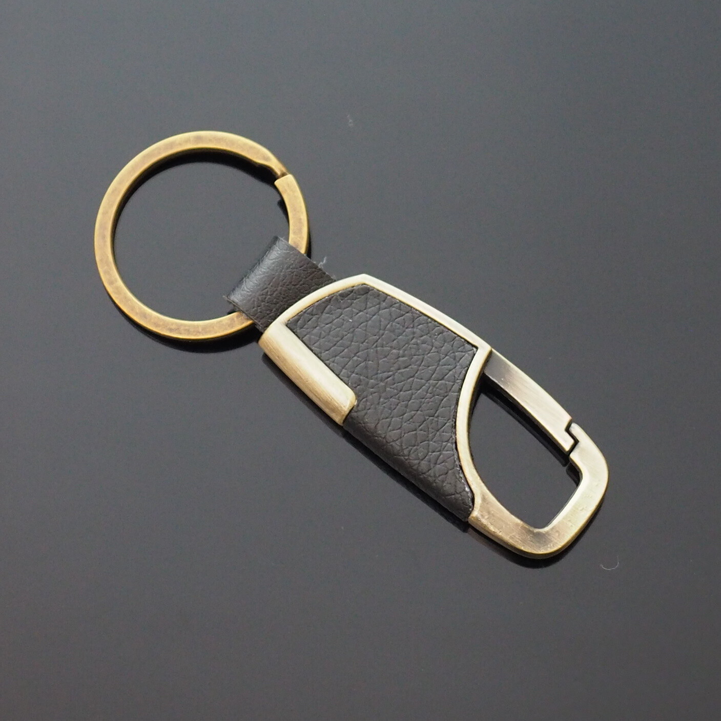 Men's Women's Black Leather & Bronze Clip Keychain Car Key Ring Fob Holder