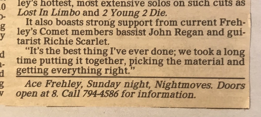 1990 ACE FREHLEY NIGHT MOVES MEMPHIS CONCERT ARTICLE MATCHBOOK SCRAPBOOK KISS