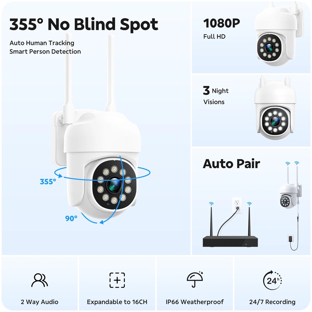 16CH 4K NVR 8 Pcs PTZ Cameras Wireless CCTV Security Camera System WiFi Audio