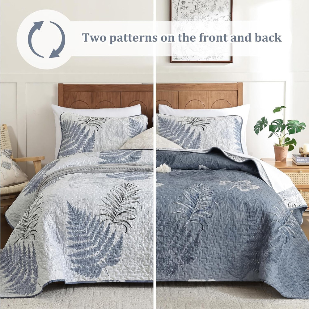 Blue Quilts Set Queen Size, Botanical Bedspread Bedding Set Floral Leaf Pattern