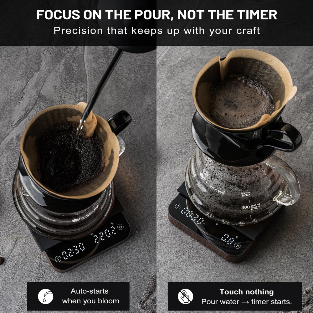 KitchenTour Coffee Scale With Timer 0.1g/2000g Precision LED Display Wood