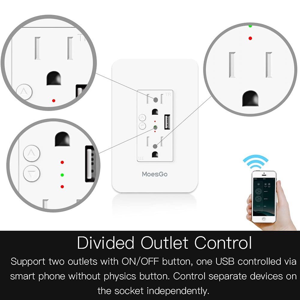2 Pack Smart Power Wall Outlet with USB, WiFi Socket, 15 Amp Control
